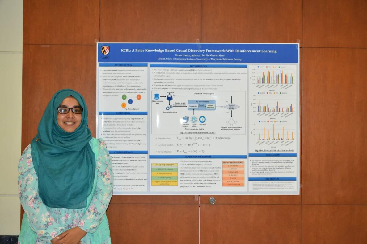 Uzma Hasan presented her poster titled “KCRL: A Prior Knowledge Based Causal Discovery Framework with Reinforcement Learning” at UMBC poster session