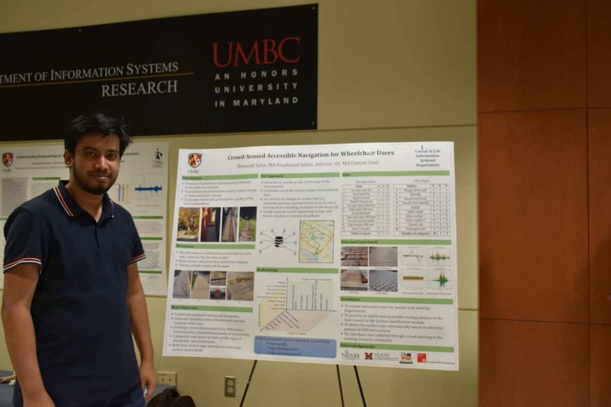 Fourkanul Islam presented his poster titled “Crowd-Sensed Accessible Navigation for Wheelchair Users at UMBC Poster Session 2022