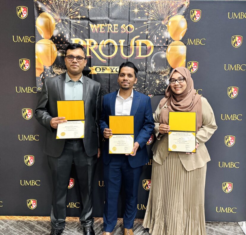 Ferdous, Uzma, and Emam are recognized as Ph.D. candidates at UMBC Ph.D. candidacy ceremony.